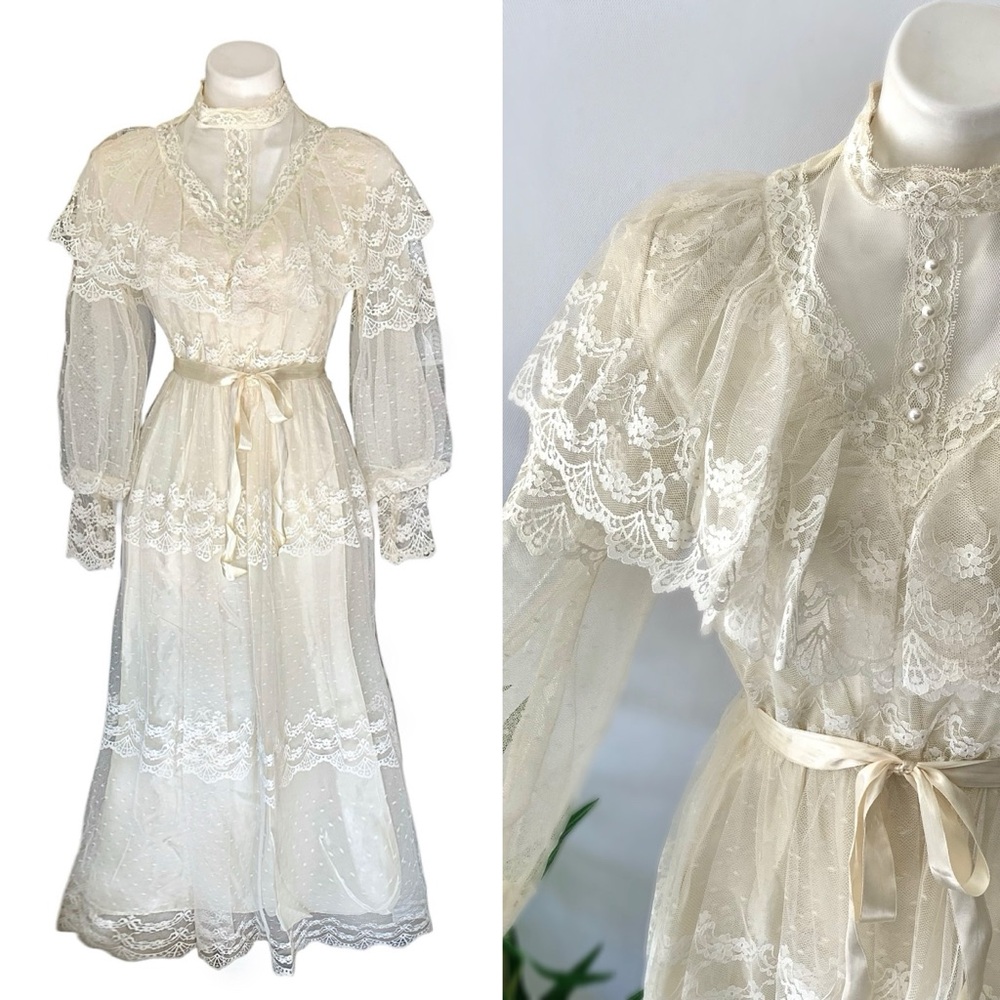 v i n t a g e :: Romantic Cottagecore Floral Lace Maxi Dress Bishop Sleeves